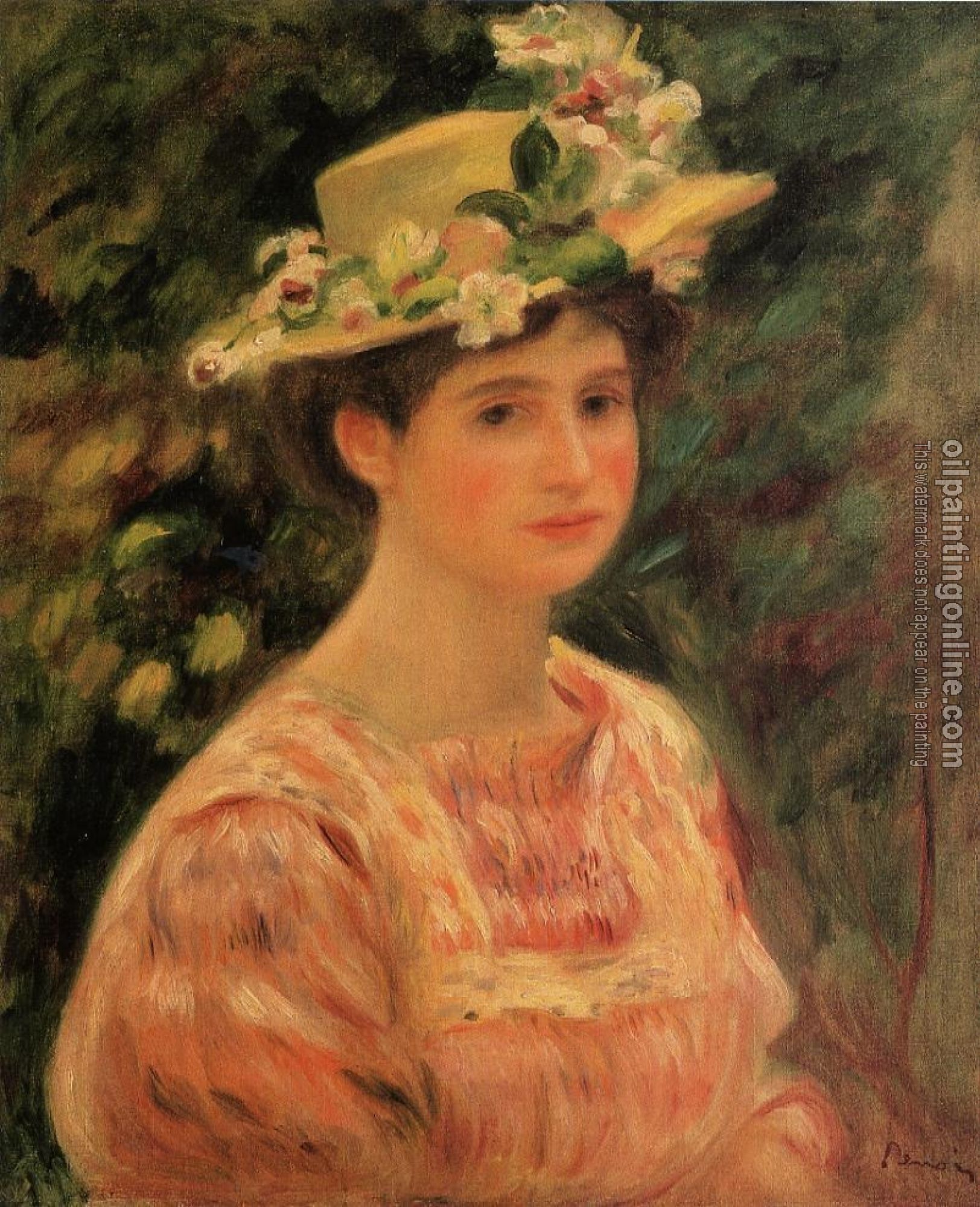 Renoir, Pierre Auguste - Young Woman Wearing a Hat with Wild Roses